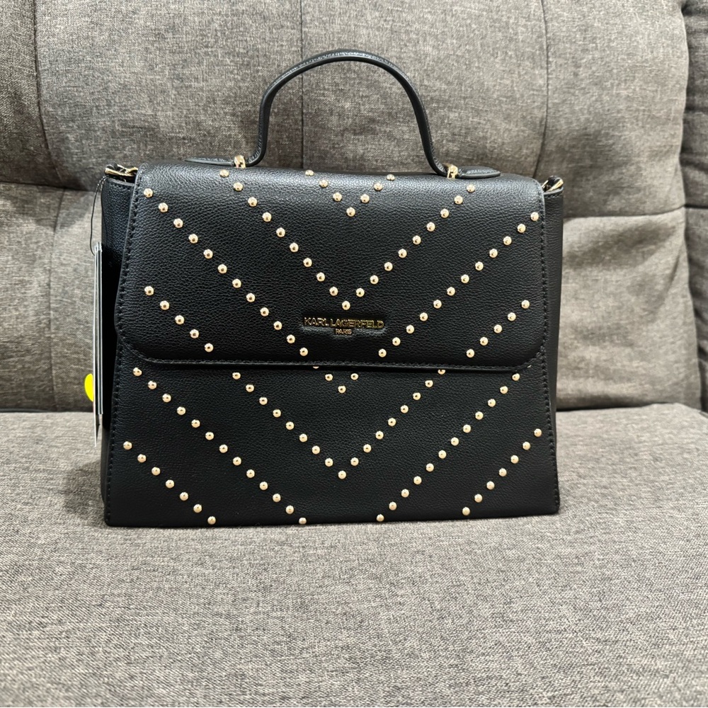 Karl Lagerfeld Black Leather Chevron Studded Flap Satchel Bag